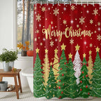 Christmas Shower Curtain, Merry Christmas Shower Curtains Set with Hooks, Gold Star Xmas Tree Snowflakes Waterproof Bathroom Curtains Xmas Holiday Decor Home Accessories,72 X 84 Inch Extra Long