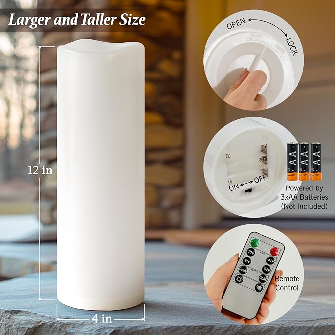 4" x 12" White Large Waterproof Outdoor Flameless Candles Battery Operated LED Flickering Pillar Candles with Remote and Timer for Indoor Outdoor Lanterns, Long Lasting, Set of 2