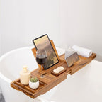 XcE Teak Bathtub Tray Expandable to 105cm with Solid Book Stand and Soap Tray, Teak