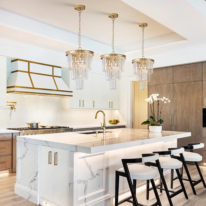 3 Pack Crystal Pendant Light for Kitchen Island, Mini Gold Modern Crystal Light Fixture Luxury for Dining Room, K9 Ceiling Pendant Light 3 Tiers for Hallway Bedroom Closet