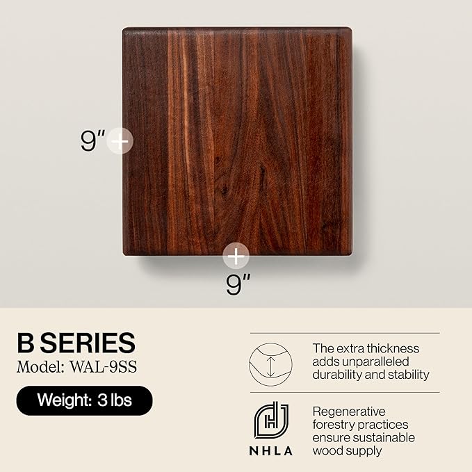 John Boos B Series Square Wooden Walnut Cutting Board 12”x12” – 1.5” Thick, 5-lb Non-Reversible Butcher Block with Stainless Steel Bun Feet & Edge-Grain