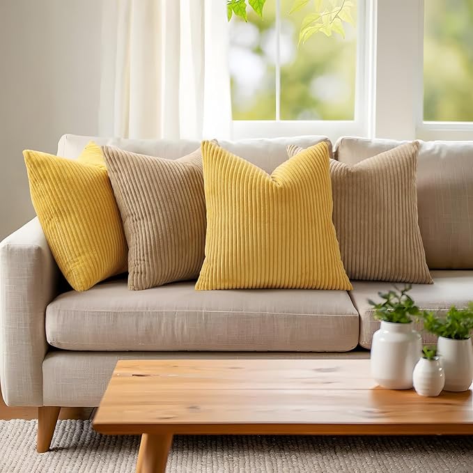 Mecatny Corduroy Decorative Throw Pillow Covers 12x20 Set of 2 for Sofa Living Room, Soft Neutral Boho Couch Pillow Covers for Home Decor, Mustard Yellow