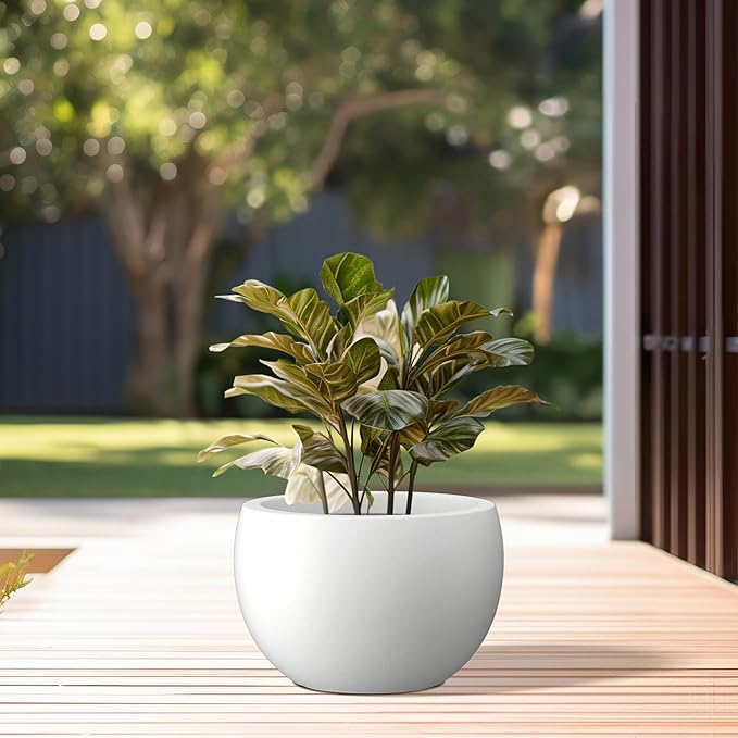 Kante 15.7" Dia Round Concrete Planter, Outdoor/Indoor Large Bowl Plant Pots with Drainage Hole and Rubber Plug for Garden Patio Balcony Home, Pure White