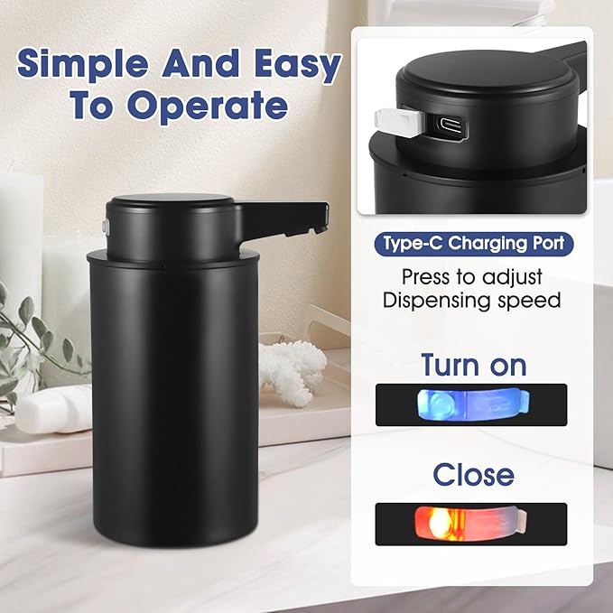 2 Pack Automatic Foaming Soap Dispenser, 13.5oz Touchless Electric Hand Soap Dispenser, Rechargeable Foam Pump for Kitchen Sink, Modern Black (Black)