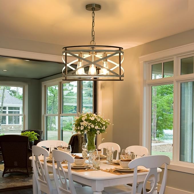 Farmhouse Chandeliers for Dining Room, 3-Light Metal Dining Room Light Fixture, 18.5" Rustic Drum Chandelier Hanging Light for Kitchen Foyer Entryway Bedroom, Nickel with Retro Wood Texture Interior
