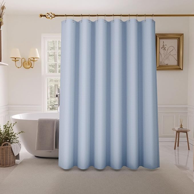 Inhousolu Fabric Shower Curtain Waffle Weave, Fog Blue 230 GSM Heavy Duty, Weighted Hem, 8 Metal Hooks, Water Repellent, Machine Washable, Hotel Spa Luxury Bath Curtain Set, 36 x 72 Inch