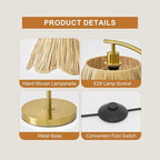 Oneach Gold Floor Lamps for Living Room, Arc Floor Lamp with Hand-Woven Wicker Shade, Foot Switch,Metal Base & Pole,Boho Rattan Standing Lamp for Bedroom Living Room,Office,Reading