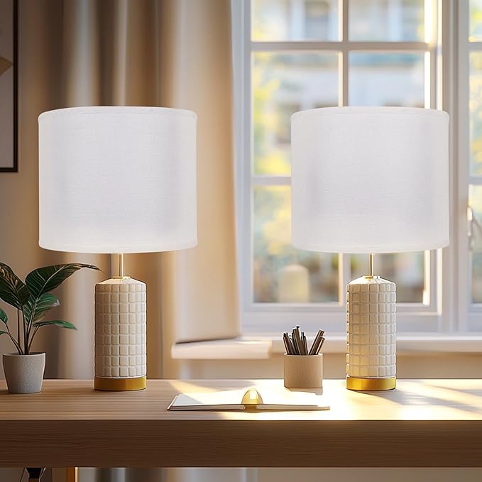 Drum Lamp Shades Set of 2, White Large Lampshades 15" Top X 15" Bottom X 12" Height, ALUCSET Large Lampshades Spider Fitter, Natural Linen Lamp Shade, Easy Assembly Required with 2 Lampshade Holders