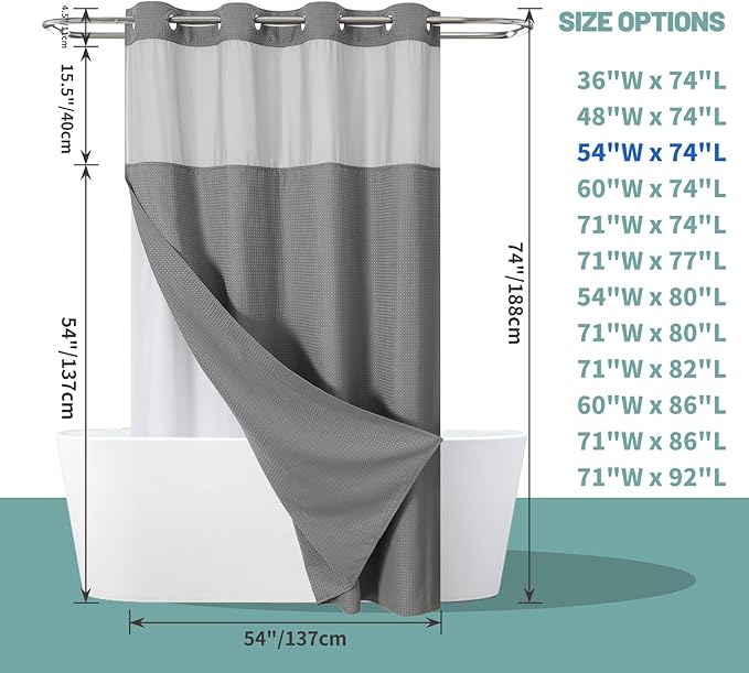 Grey No Hook Waffle Weave Shower Curtain with snap-in Liner Replacement, 230GSM Waterproof Fabric Hotel Shower Curtain Set for Bathroom, Through Mesh Top Window,54Wx74H