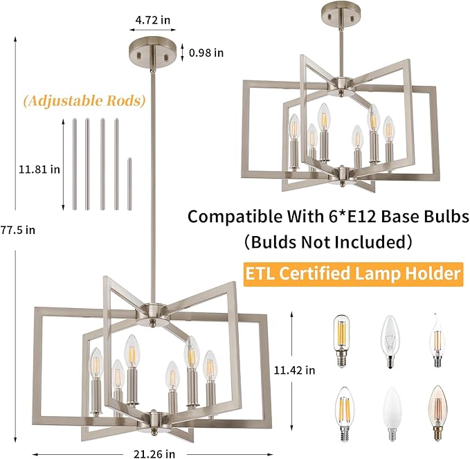Dining Room Light Fixture, 6-Light Brushed Nickel Chandelier Modern Metal Industrial Chandelier Lighting for Farmhouse Living Room Kitchen Entryway (Nickel, E12 Bulbs Not Included)