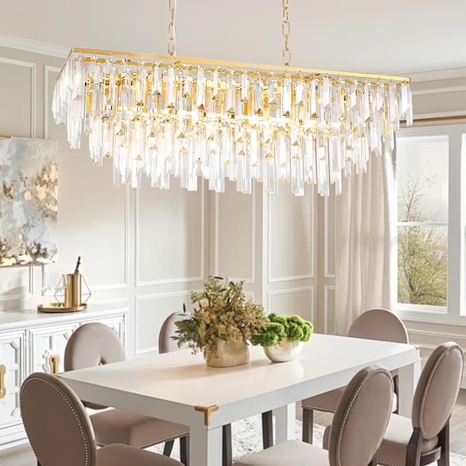 Rectangle Dining Room Chandelier, 32" Gold Modern Rectangle Luxury Crystal Chandelier 10 Lights Top K9 Linear Ceiling Pendant Light Fixture for Dining Room Kitchen Table Living Room