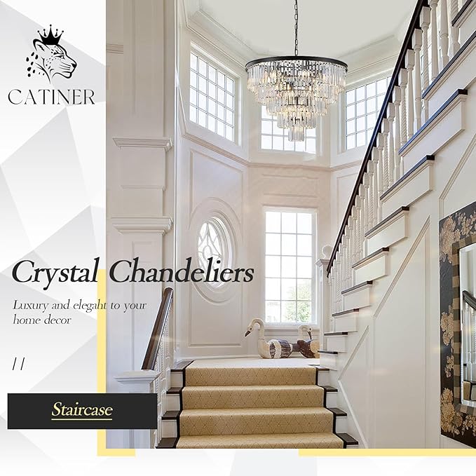 Large Black Crystal Chandeliers 30” Modern Chandelier for High Ceiling Foyer 5 Tiers 16 Lights Contemporary K9 Ceiling Pendant Light Fixture for Staircase Dining Room Bedroom