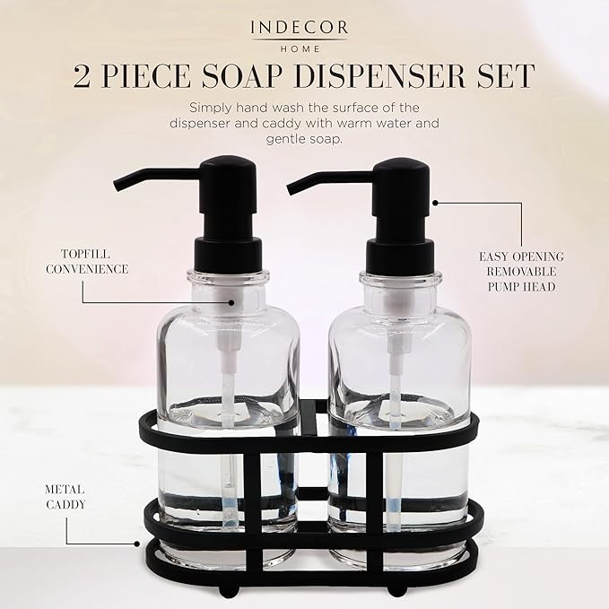 3 Piece Round Heavy Weight Glass Soap Lotion Pump Dispenser Set with Metal Caddy for Home Bath Kitchen Travel Office Hand Crafted Metal Tray Matte Black