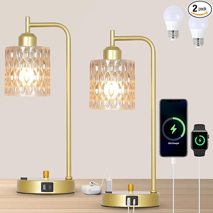 Amber Table Lamp with USB Port and Outlet Set of 2, Glass Bedside Table Lamp for Bedroom, Retro Desk Lamps for Home Office, Mid Century Modern Small Night Stand Lamps, Gold Rustic Desk Light