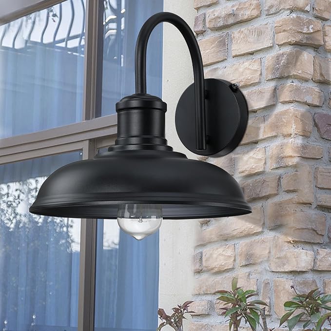 12'' Diameter Large Dusk to Dawn Outdoor Gooseneck Barn Light, 2-Pack Outdoor Wall Sconce Farmhouse Exterior Light Wall Lighting Fixture Industrial Black Wall Lantern for Porch, Garage, Black