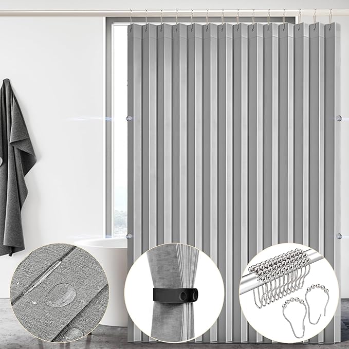 South to East Waterproof Shower Curtain, Heavy Duty Magnetic Folding Linen Shower Curtain, Non-Toxic, 72x80 Magnetic Fabric Bathroom Curtain Sets, Grey
