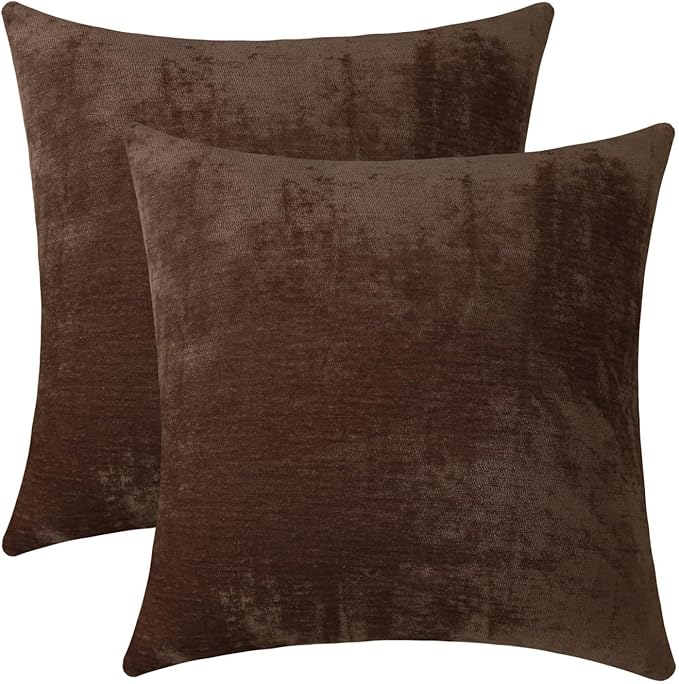 Jeneoo Coffee Brown Decorative Throw Pillow Covers Soft Chenille Comfy Solid Couch Cushion Case Decor (Set of 2, 18 x 18 Inches)