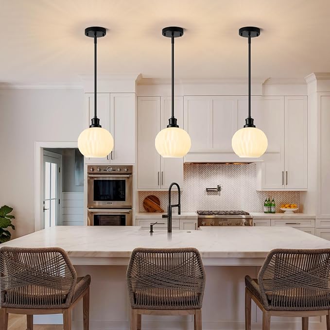 Black Pendant Lights Kitchen Island 2 Pack, 7.3" Milk Glass Modern Pendant Light Fixtures with Rods, Globe Hanging Lighting for Kitchen Sink Bathroom Dining Room, E26 Base