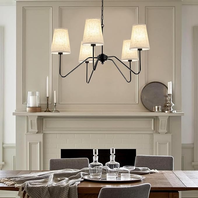 Chandelier with Linen Shade, Black Dining Room Light Fixtures Over Table, Classic Pendant Light Fixtures Ceiling Hanging Lighting for Living Room Bedroom, 5-Arm, 30" Dia
