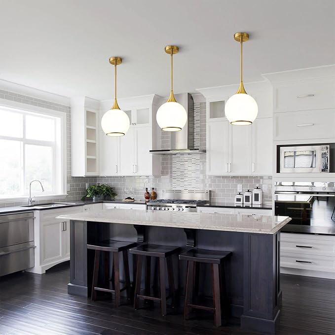 Pendant Lights Kitchen Island: Brushed Gold Light Fixture Farmhouse with Milk Glass - 10 Inch Mid Century Globe Kitchen Lighting Fixtures Ceiling for Dining Room