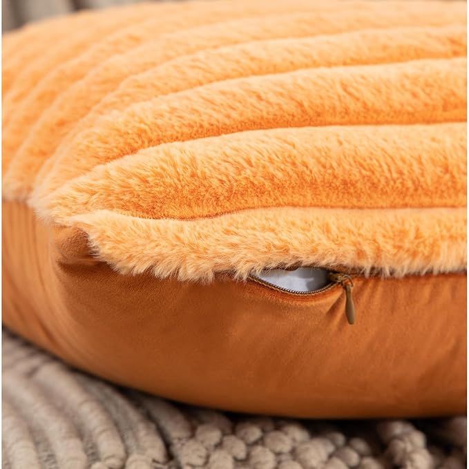 ZLINA Set of 2 Orange Faux Fur Decorative Throw Pillow Covers Fluffy Striped Pillowcase Cushion Covers 20 x 20 Inch Decor Sofa Couch Bedroom