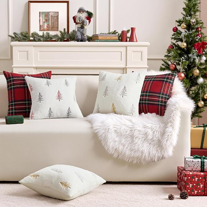 MIULEE Christmas Decorative Pillow Covers Set of 2 Faux Fur Throw Pillows with Embroidered Christmas Tree 18x18 Inch White Red Winter Couch Covers for Festival Sofa Bedroom Living Room Home Decor