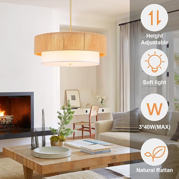 24'' Farmhouse Rattan Chandeliers for Dining Room,3-Light Boho Light Fixtures Rattan Pendant Light Fixture with Fabric Shade Drum Chandeliers for Bedroom Dining Room Foyer Kitchen Hallway