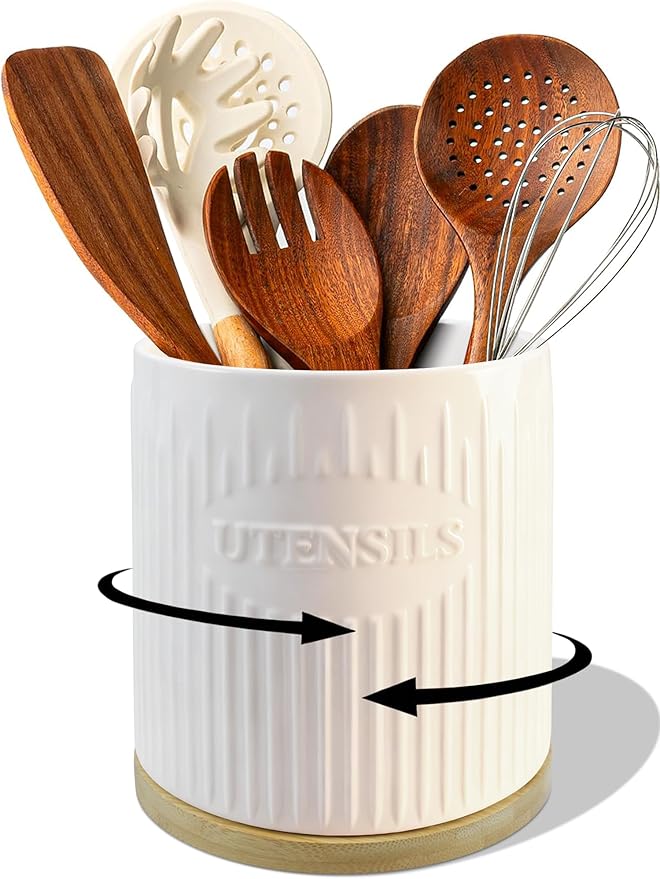 360° Rotating Utensil Holder, 7.6" Large Ceramic Kitchen Utensil Holder for Countertop with Bamboo Base, Stable Utensil Organizer, Farmhouse kitchen Decor, White