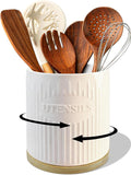 360° Rotating Utensil Holder, 7.6" Large Ceramic Kitchen Utensil Holder for Countertop with Bamboo Base, Stable Utensil Organizer, Farmhouse kitchen Decor, White