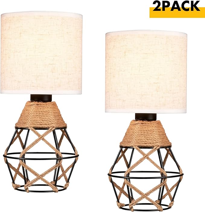 Hamilyeah Woven Table Lamps Set of 2, Farmhouse Lamps for Nightstand with On/Off Switch, Bedside Lamps with Fabric Shade, Modern Simple Lamps for Bedroom, Living Room,Home Office