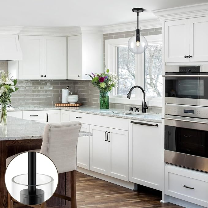 Black Pendant Lights Kitchen Island, 1-Light 8" Large Globe Glass Hanging Light Fixtures with Clear Glass, Modern Kitchen Pendant Lighting Over Island for Sink Bathroom, OS-JJ528-1PBK