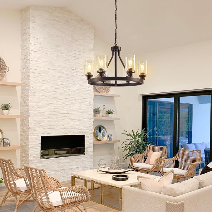 6-Light Farmhose Chandelier for Dining Room Light Fixture Oil Rubbed Bronze Kitchen Pendant Light Round Rustic Ceiling Hanging Lighting with Glass Globes Adjustable Height Metal E26