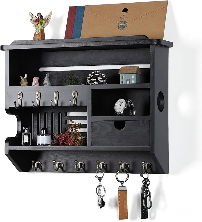 DOPACE Key Holder for Wall, Mail and Key Holder, Mail Organizer Wall Mount with Storage Drawer and 10 Hooks, Easy Installation Keys Holder on Wall, Black
