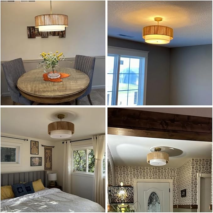 SineRise 16'' Rattan Flush Mount Ceiling Light Fixture,2-Tier Drum Hand-Woven Boho Flush Mount Ceiling Light,Farmhouse Light Fixture for Living Room,Kitchen,Bedroom Foyer Entryway ect.