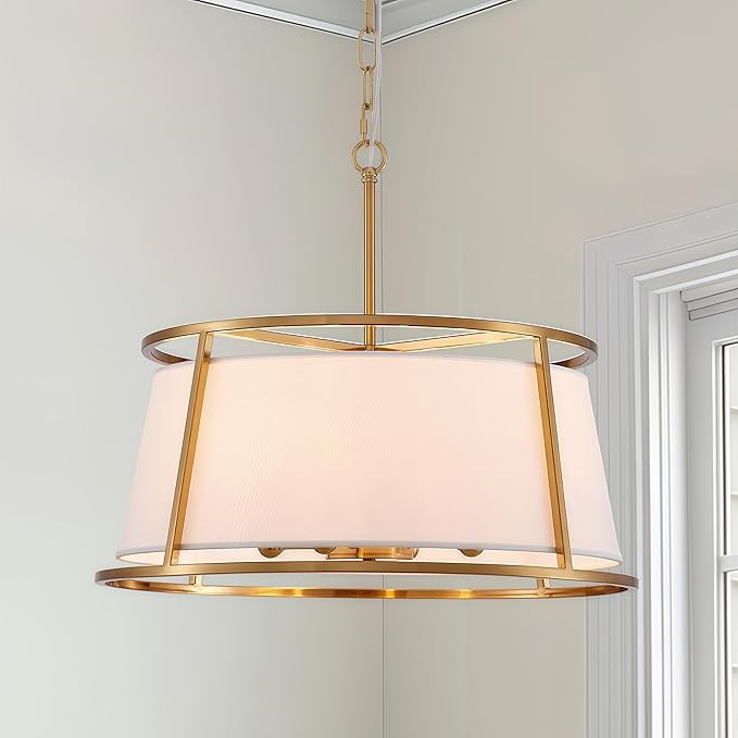 Shrine Lighting Drum Chandeliers, Modern Style, Perfect Pendant Light Fixture for Dining Room, Living Room, D20'' x H9'', Adjustable Chains 59'', E12*4 Sockets, White Lampshade & Brass Finish Frame