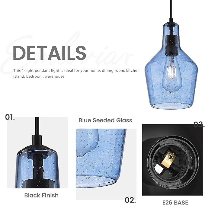 Emliviar 1-Light Kitchen Pendant Lighting, Industrial Adjustable Hanging Pendant Light with Seeded Glass, Blue Finish, DYE286G1-MIL BK