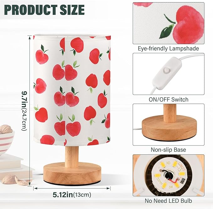 Table Lamp Watercolor Red Apple Pattern White Nightstand Lamp with Wood Base Fabric Lamp Shade Bedside Desk Lamp for Living Room Bedroom Kids Room Office