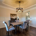 Black Farmhouse Chandeliers for Dining Room, 3-Light 18.5" Drum Chandelier Rustic Wood and Black Metal Hanging Light Fixture for Entryway Kitchen Foyer Bedroom