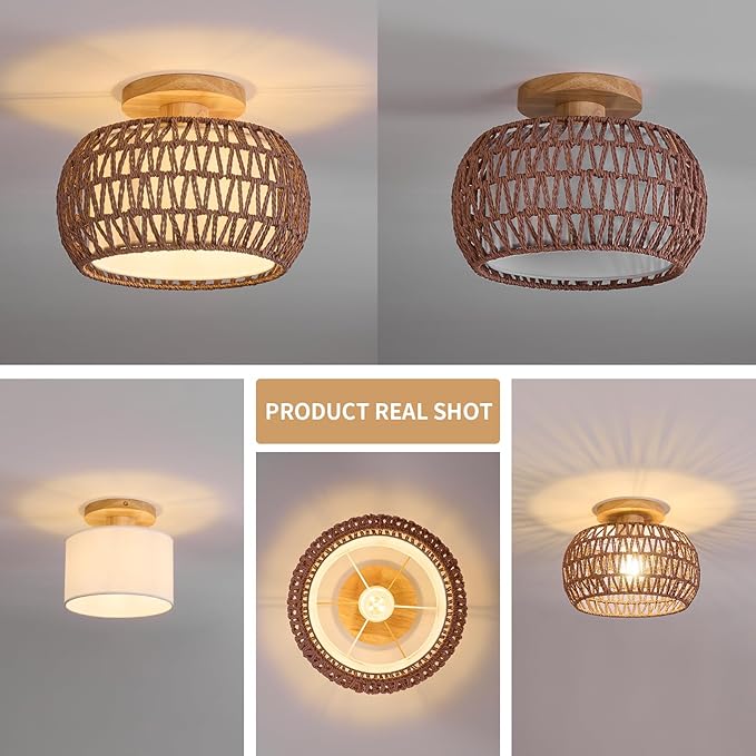 Boho Rattan Ceiling Light Fixture - 3 Style Options Wicker Semi Flush Mount Ceiling Lights,Brown Coastal Light Fixtures,Bohemian Woven Basket Chandelier for Hallway Bedroom Nursery Kitchen Laundry