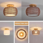 Boho Rattan Ceiling Light Fixture - 3 Style Options Wicker Semi Flush Mount Ceiling Lights,Brown Coastal Light Fixtures,Bohemian Woven Basket Chandelier for Hallway Bedroom Nursery Kitchen Laundry