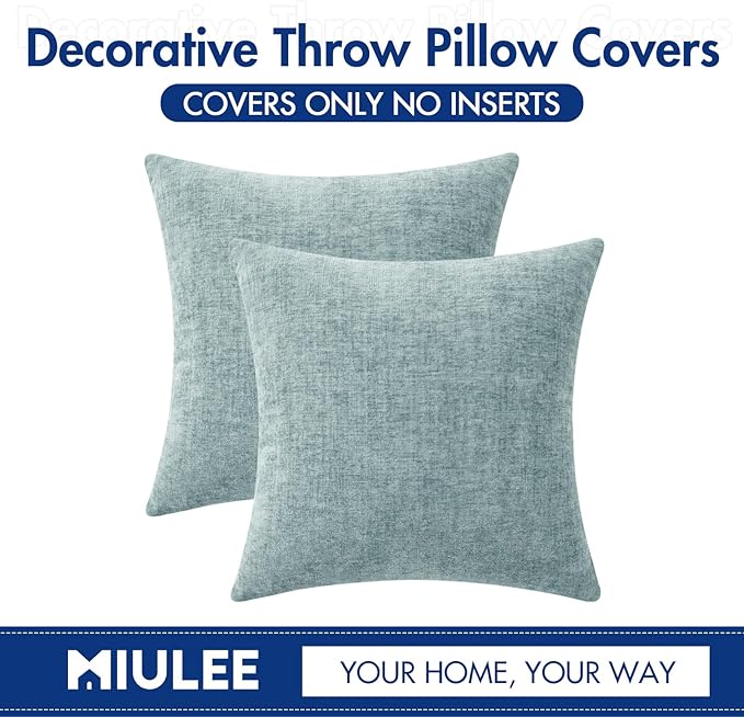 MIULEE Pack of 2 Light Blue Throw Pillow Covers 24x24 Inch Soft Chenille Pillow Covers for Sofa Living Room Couch Solid Dyed Cases