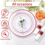 WELLIFE 700 Pieces Red Plastic Plates - Disposable Silverware and Cups, Include: 100 Dinner Plates 10.25”, 100 Dessert Plates 7.5”, 100 Red Cups 9 OZ, 100 Plastic Cutlery