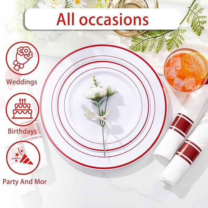 WELLIFE 700 Pieces Red Plastic Plates - Disposable Silverware and Cups, Include: 100 Dinner Plates 10.25”, 100 Dessert Plates 7.5”, 100 Red Cups 9 OZ, 100 Plastic Cutlery