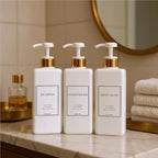 Modern Gold Design Large 27 oz Shampoo and Conditioner Dispensers - Empty Plastic Refillable Pump Bottle Set for Bathroom Shower Soap Dispenser, Gift Box Included, Set of 3 (White)