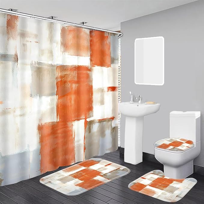 Orange Modern Painting Art Bathroom Shower Curtain Sets with 12 Hooks, 70.8 x 70.8 inches Fabric Shower Curtain, Bath Mat, Toilet Lid Cover, U Shaped Rugs