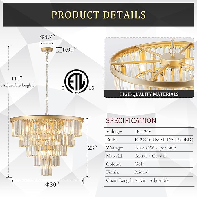 Large Crystal Chandeliers Modern 30”Gold Chandelier for Foyer Staircase Chandeliers 5 Tiers 16 Lights Luxury K9 Ceiling Pendant Lighting Fixture for Dining Room Bedroom