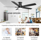 YUHAO 52 Inch Flush Mount Black Ceiling Fan with Light and Remote Control.Noiseless,Dimmable,3CCT,6 Speeds Reversible, Low Profile DC Ceiling Fans for Indoor Use