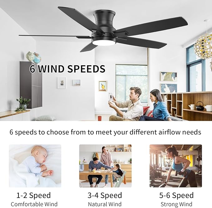 YUHAO 52 Inch Flush Mount Black Ceiling Fan with Light and Remote Control.Noiseless,Dimmable,3CCT,6 Speeds Reversible, Low Profile DC Ceiling Fans for Indoor Use