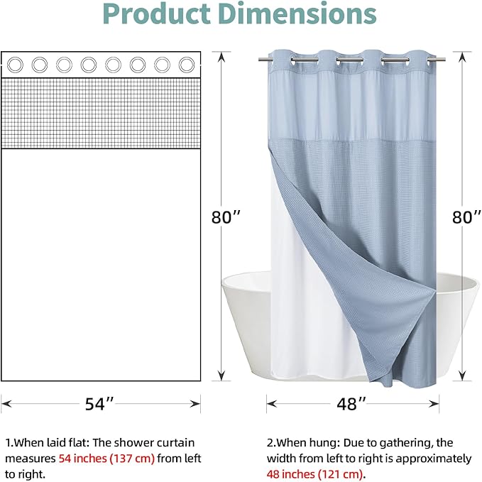 ForstBlue No Hook Waffle Weave Shower Curtain with snap-in Liner Replacement, 230GSM Waterproof Fabric Hotel Shower Curtain Set for Bathroom, Through Mesh Top Window,54Wx80H