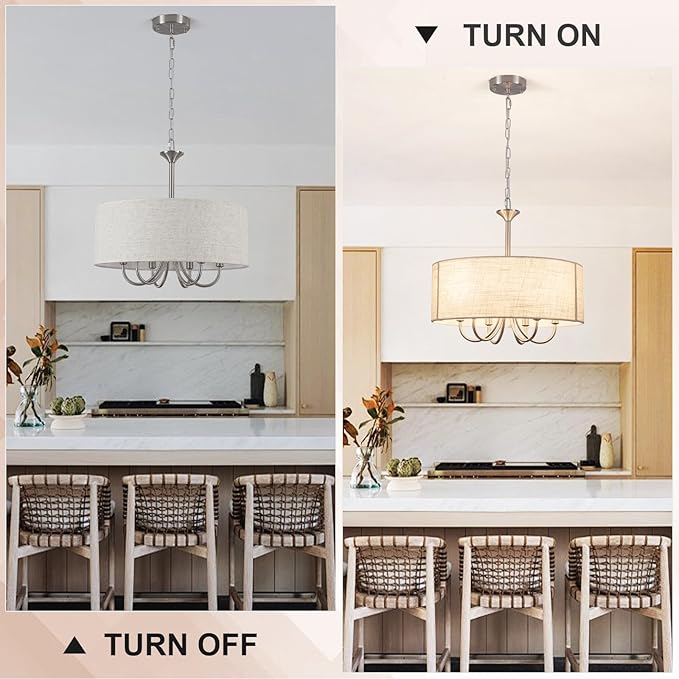 18'' Drum Chandeliers for Dining Room, 6-Light Modern Farmhouse Chandelier Linen Pendant Light, Brushed Nickel Round Chandelier Hanging Light Fixture for Living Room Bedroom Foyer